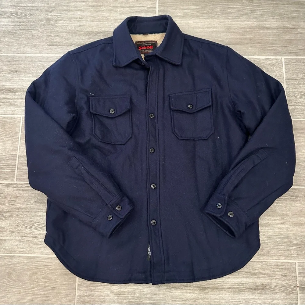 Schott NYC Wool Blend Shirt Jacket with Sherpa Large in Blue